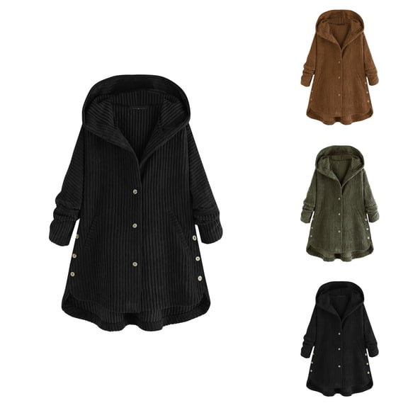 Winter Coats for Women 2025 Long Sleeve Open Front Button Corduroy Hooded Jacket with Pockets Cardigan Outerwear