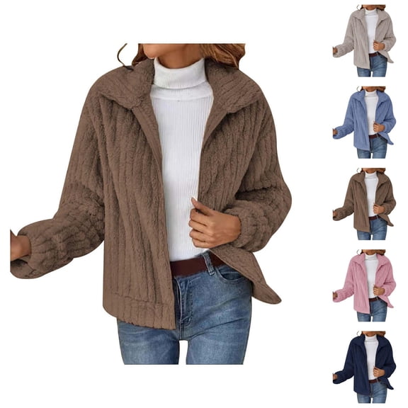 Winter Coats for Women 2025 Long Sleeve Open Front Lapel Collared Zip Up Fleece Cardigan Jacket Outerwear