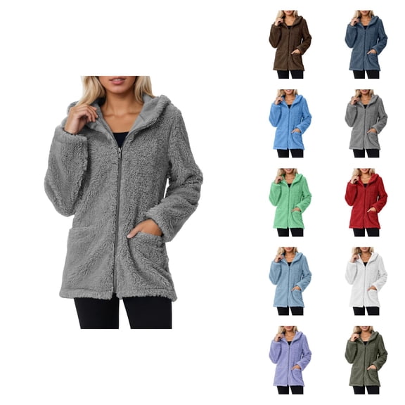 Winter Coats for Women 2025 Long Sleeve Soft Fleece Plain Zip Up Hooded Jacket with Pockets Casual Outerwear