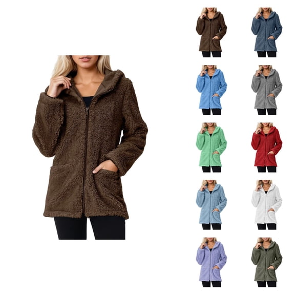 Winter Coats for Women 2025 Long Sleeve Soft Fleece Plain Zip Up Hooded Jacket with Pockets Casual Outerwear