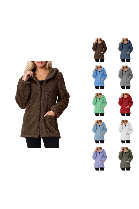 Winter Coats for Women 2025 Long Sleeve Soft Fleece Plain Zip Up Hooded Jacket with Pockets Casual Outerwear