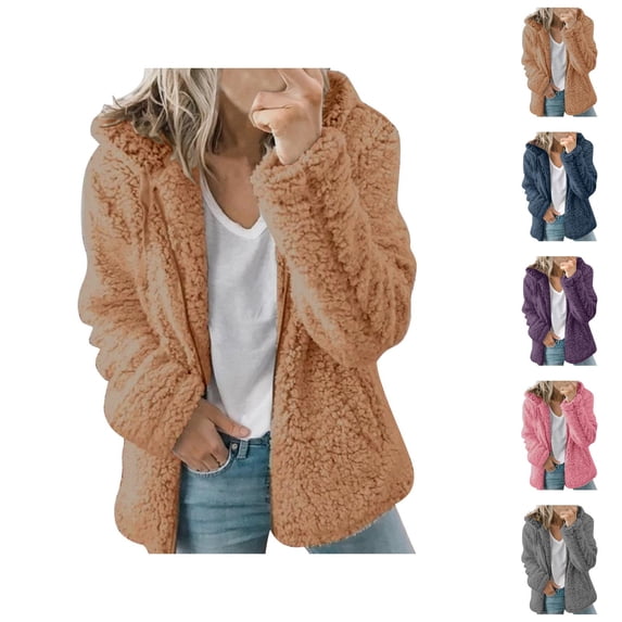 Winter Coats for Women 2025 Long Sleeve Soft Fleece Thick Warm Plain Zip Up Hooded Jacket with Pockets Outerwear