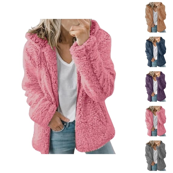 Winter Coats for Women 2025 Long Sleeve Soft Fleece Thick Warm Plain Zip Up Hooded Jacket with Pockets Outerwear