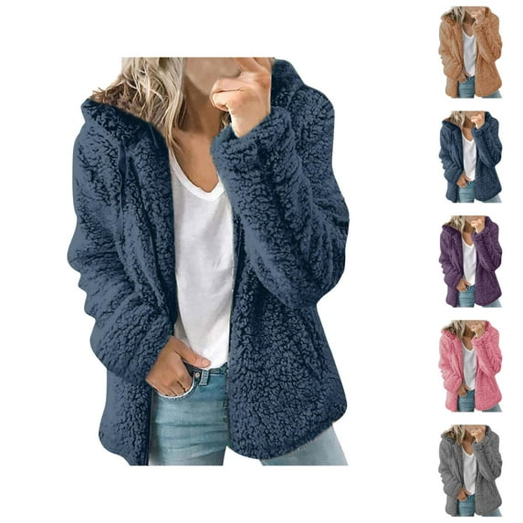 Winter Coats for Women 2025 Long Sleeve Soft Fleece Thick Warm Plain Zip Up Hooded Jacket with Pockets Outerwear