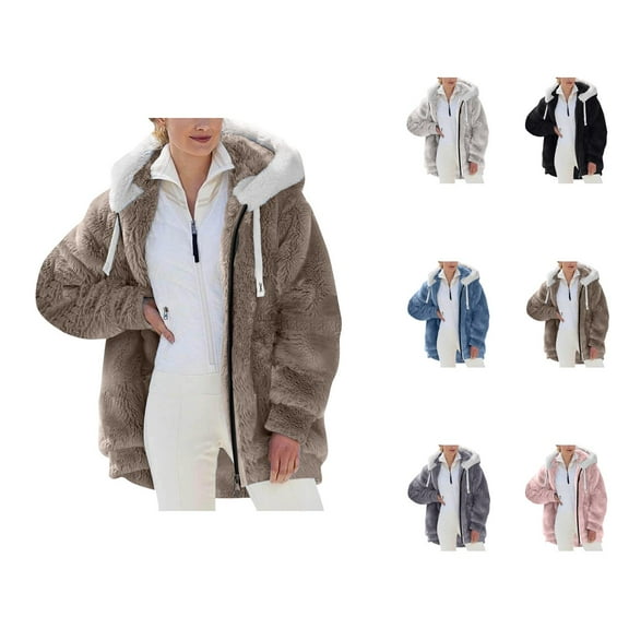 Winter Coats for Women 2025 Long Sleeve Soft Thick Fleece Warm Zip Up Hooded Jacket with Pockets Outerwear