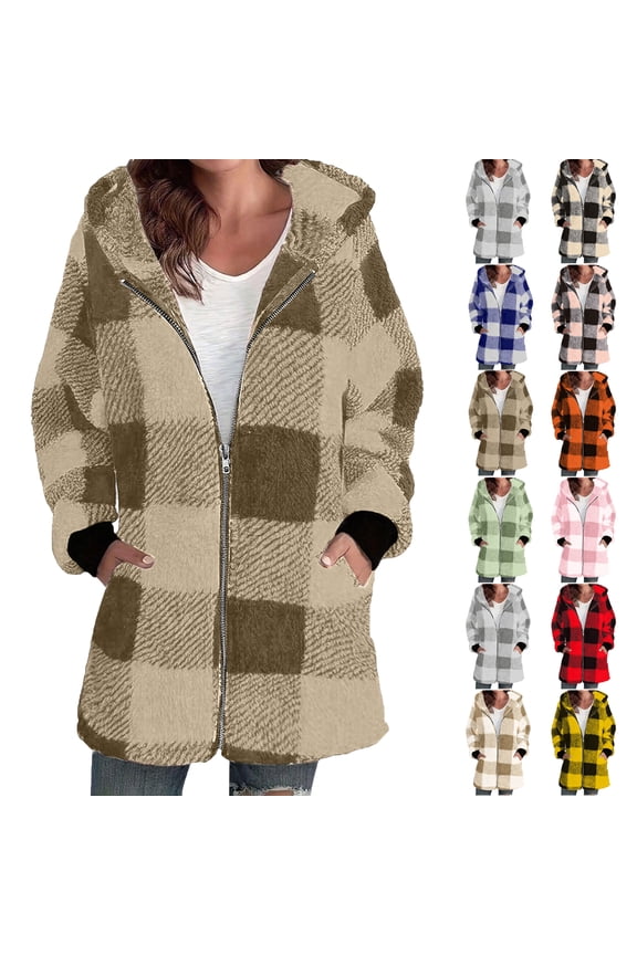 Winter Coats for Women Bmawag Fashion Womens Plaid Warm Faux Coat Jacket Winter Zipper Long Sleeve Outerwear Gifts for Women on Clearance S-2XL