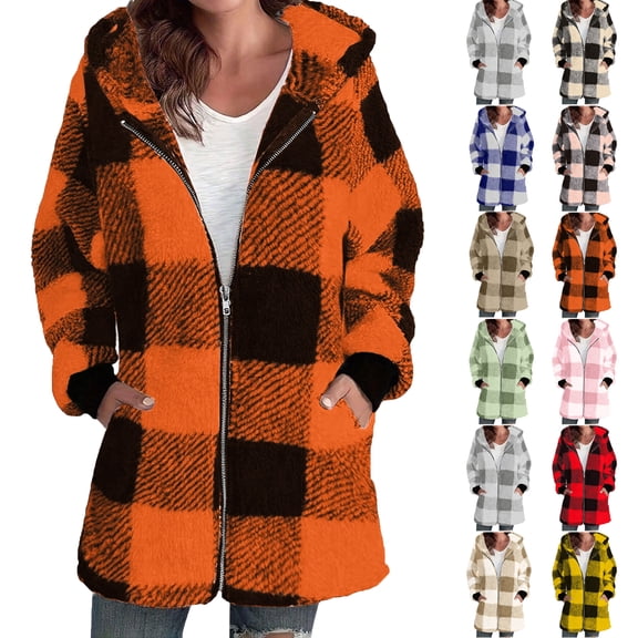 Winter Coats for Women Bmawag Fashion Womens Plaid Warm Faux Coat Jacket Winter Zipper Long Sleeve Outerwear Gifts for Women on Clearance S-2XL