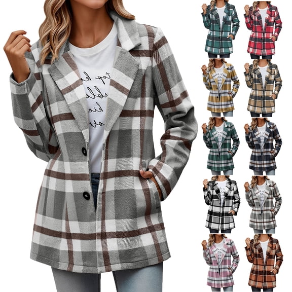 Women Plaid Shacket Jacket Trendy Fall Casual Button Wool Tartan Trench Coat with Pockets Winter Long Sleeve Outerwear Gifts for Women on Clearance S-2XL