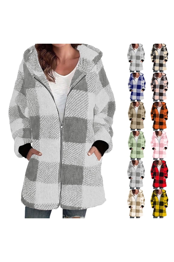 Winter Coats for Women Bmawag Fashion Womens Plaid Warm Faux Coat Jacket Winter Zipper Long Sleeve Outerwear Gifts for Women on Clearance S-2XL
