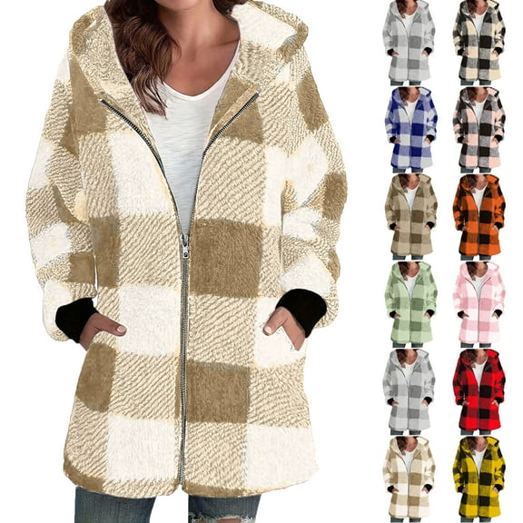 Winter Coats for Women Bmawag Fashion Womens Plaid Warm Faux Coat Jacket Winter Zipper Long Sleeve Outerwear Gifts for Women on Clearance S-2XL