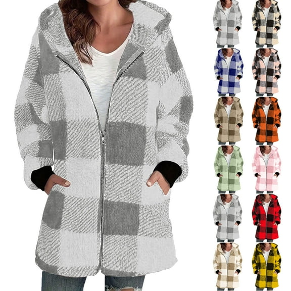 Winter Coats for Women Bmawag Fashion Womens Plaid Warm Faux Coat Jacket Winter Zipper Long Sleeve Outerwear Gifts for Women on Clearance S-2XL