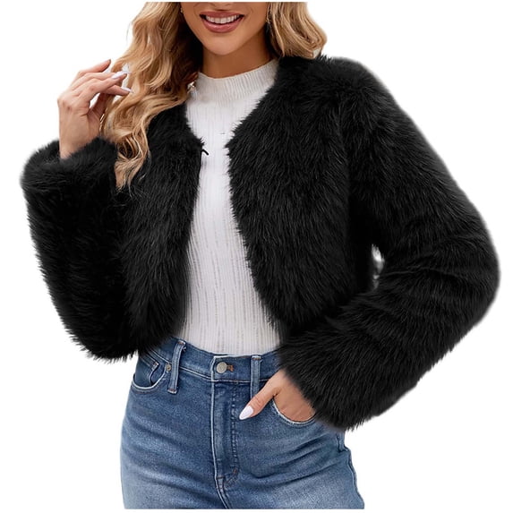 Winter Coats for Women Casual Faux Fur Warm Long Sleeve Open Front Cardigan Solid V Neck Outerwear