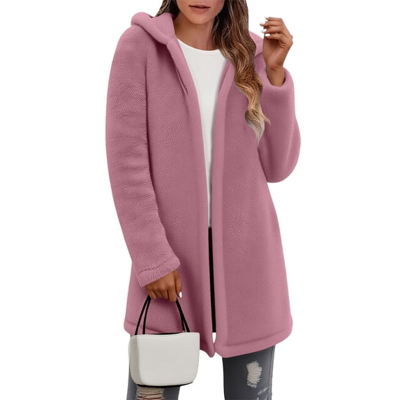 Winter Coats for Women Casual Women's Fall/Winter Reversible Fleece Cardigan Solid Color Long-Sleeve Fleece-Lined Warm Tops Hooded Jacket, Size S-2XL