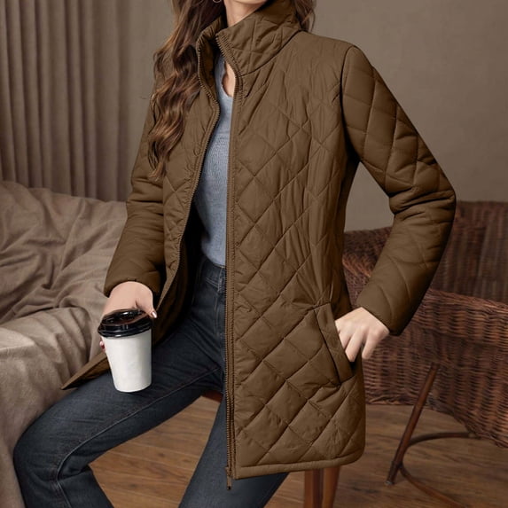 Winter Coats for Women Casual Women's Warm Jacket Solid Long Sleeved Standing Collar Pocket Lightweight Quilted Jackets, Size S-2XL