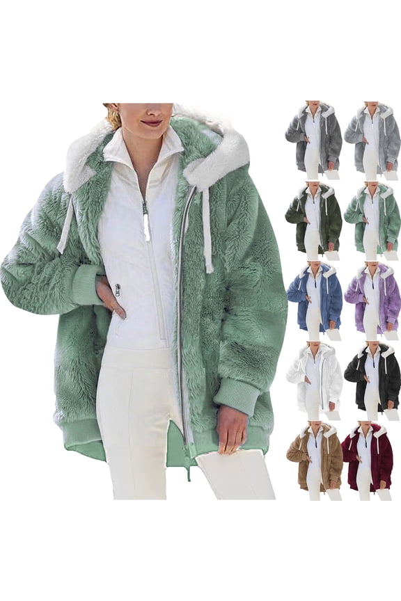Winter Coats for Women Fashion Womens Warm Faux Coat Jacket Winter Zipper Long Sleeve Outerwear Gifts for Women on Clearance Green L