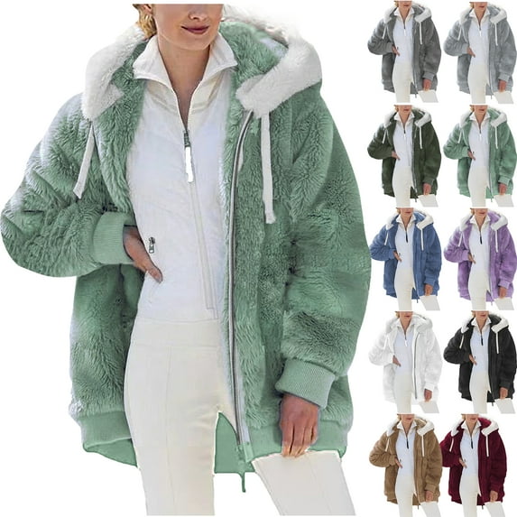Winter Coats for Women Fashion Womens Warm Faux Coat Jacket Winter Zipper Long Sleeve Outerwear Gifts for Women on Clearance Green M
