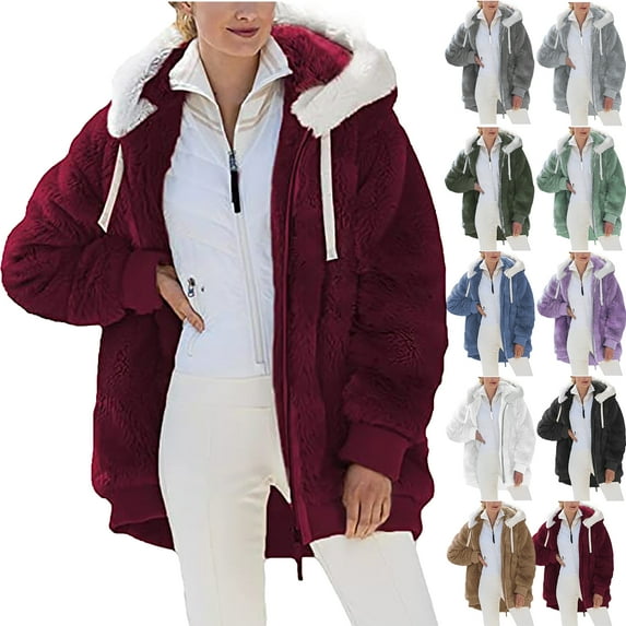Winter Coats for Women Fashion Womens Warm Faux Coat Jacket Winter Zipper Long Sleeve Outerwear Gifts for Women on Clearance Red 4XL