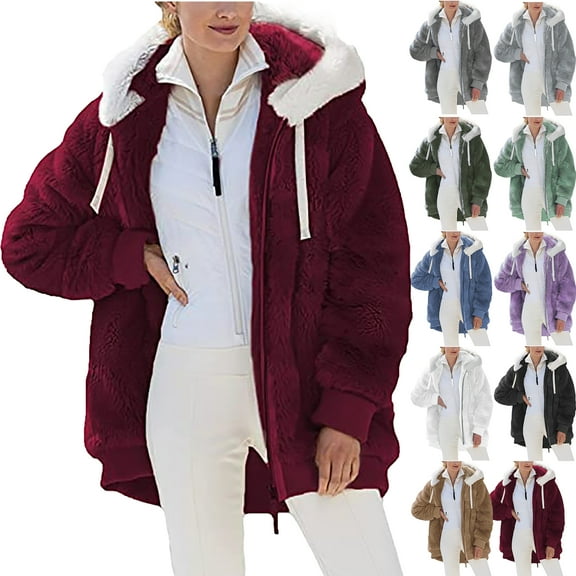Winter Coats for Women Fashion Womens Warm Faux Coat Jacket Winter Zipper Long Sleeve Outerwear Gifts for Women on Clearance Red 4XL