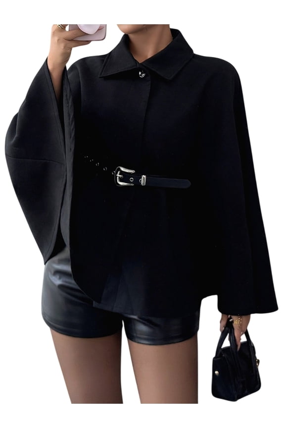 Winter Coats for Women Elegant Stand Collar Wool Blend Batwing Poncho Cape Jacket Outerwear with Belt