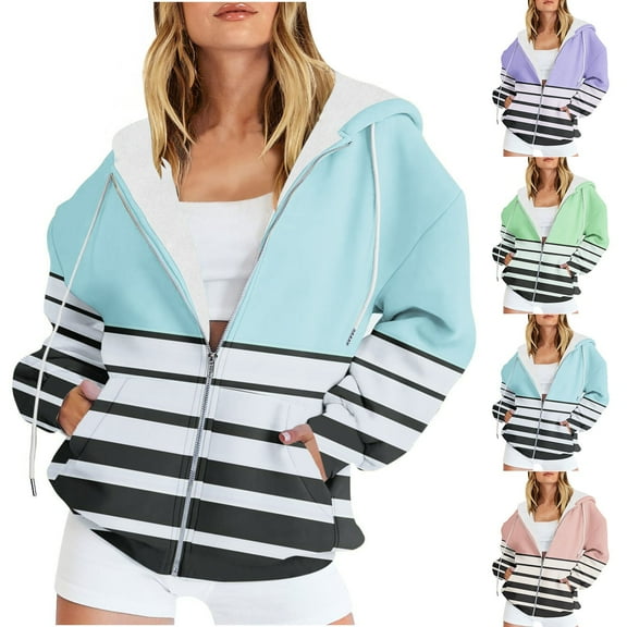 Winter Coats for Women Fall Outfits for Women 2025 Casual Printed Zippered Long Sleeved Hooded Sweater Jacket Top