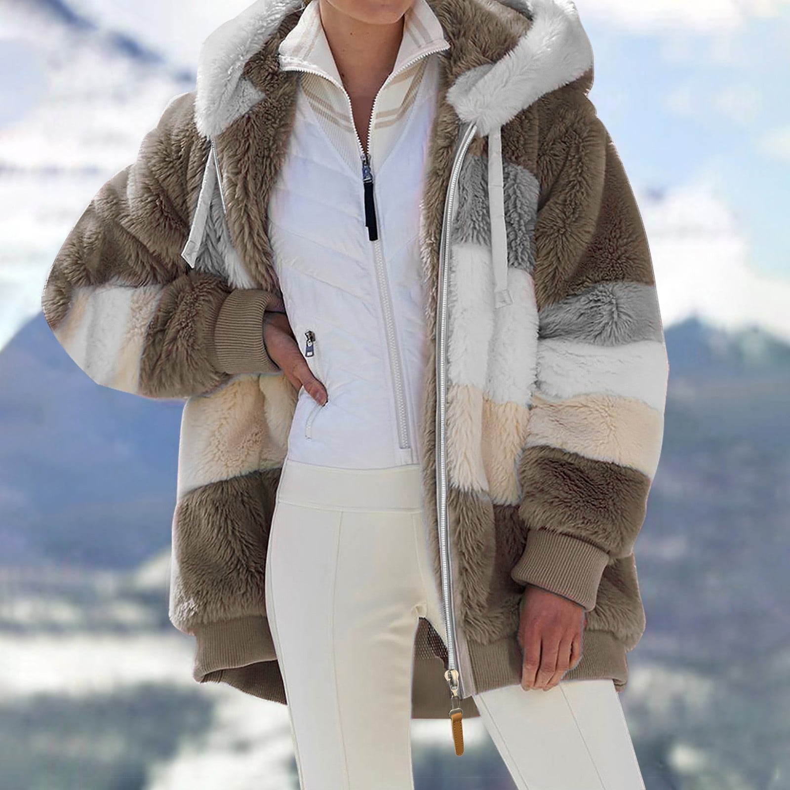 Winter Coats for Women Fashion Color Block Plus Size Extreme Cold Weather  Ladies Outwear Thicken Furry Lined Thermal Down Jackets