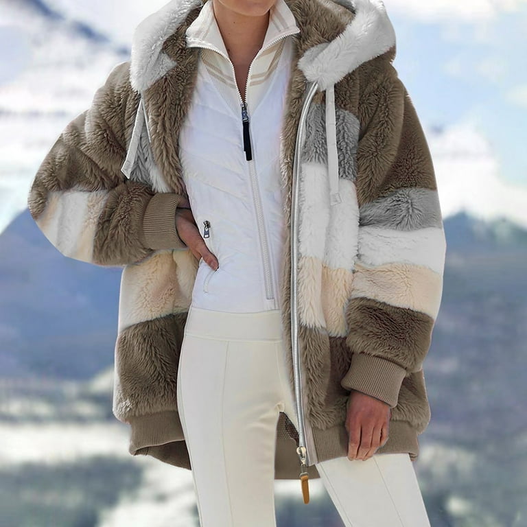Winter Coats for Women Fleece Hooded Coats Plus Size Warm Fuzzy Long Sleeve  Cardigan Patchwork Color Block Zip-up Plush Jackets Loose Outwear