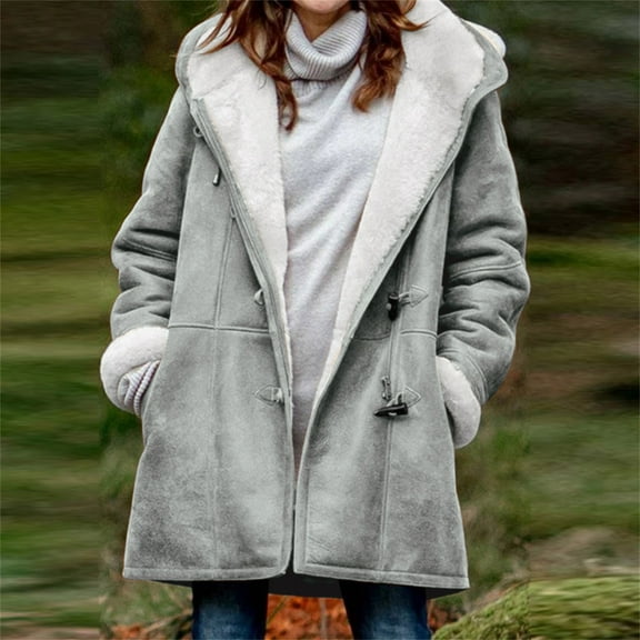 Winter Coats for Women, Fleece Lined Jackets with Hood, Horn Button Peacoat Thicken Warm Winter Parka Overcoats with Pockets Womens Fall Coat Gray M