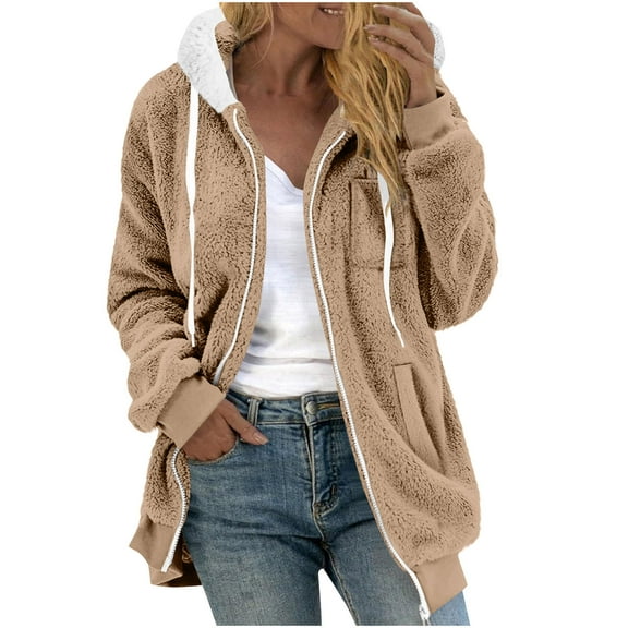 Winter Coats for Women Fleece Zip up Jacket Warm Plush Hooded Long Sleeve Winter Coats Oversized Fuzzy Jackets (M, Khaki)