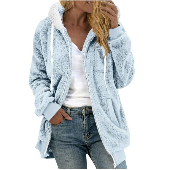 Winter Coats for Women Fleece Zip up Jacket Warm Plush Hooded Long Sleeve Winter Coats Oversized Fuzzy Jackets (XL, Light Blue)