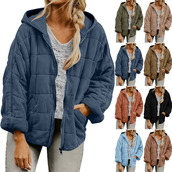 Winter Coats for Women Full Zip Lightweight Grid Puffer Jacket with Hood Quilted,Oversized Loose Casual Warm Wind Resistant Pockets Outerwear