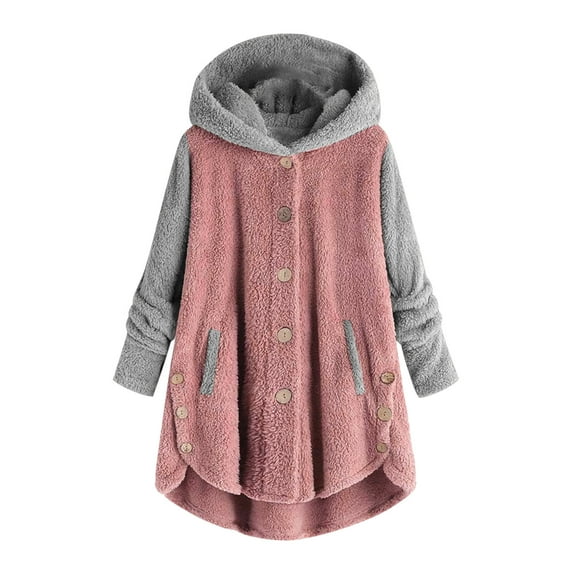 Winter Coats for Women Fuzzy Fleece Jacket Warm Hooded Color Block Patchwork Cardigans Coat Outerwear with Pocket S-5xl Flash Deals