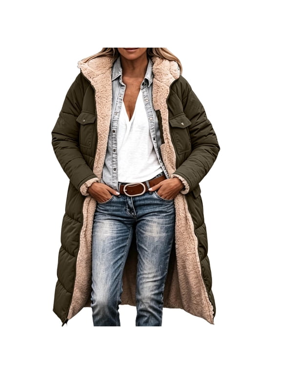 Winter Coats for Women Hooded Long Quilted Puffer Coat Full Fluffy Lining Maxi Length Coats Olive Green M