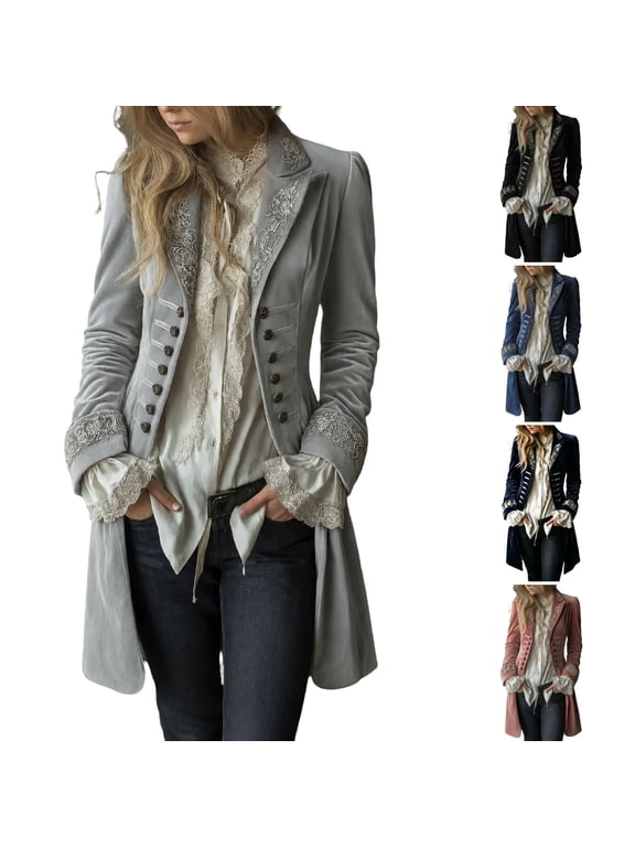 Winter Coats for Women Lapel Long Sleeve Gothic Casual Frock Coat Embroidered Velvet Victorian Vintage Winter Cute Oversized Travel Long Coat Gray XL