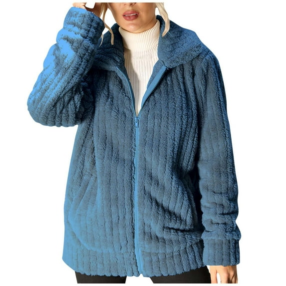 Winter Coats for Women Lapel Sherpa Jacket Tops Fuzzy Fleece Sweater Zip Up Coat Outerwear Cardigan with Pockets