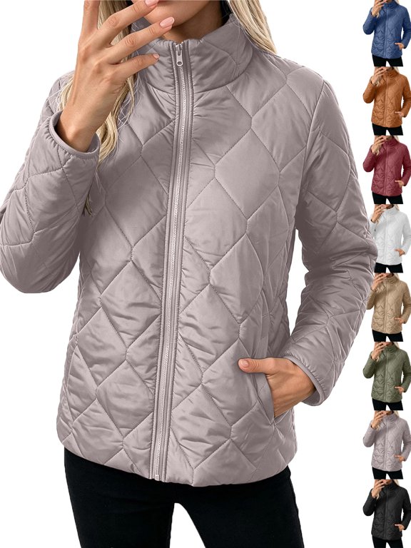 Winter Coats for Women Lightweight Zip Up Stand Collar Puffer Coat Thin Winter Warm Packable Outerwear with Pockets