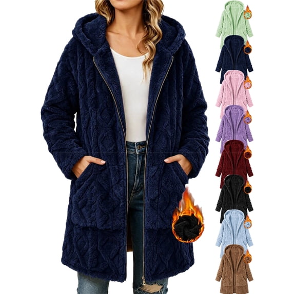 Winter Coats for Women Long Plush Hooded Soft Fleece Zip-Up Jacket with Pockets,Warm Winter Outerwear for Casual Wear
