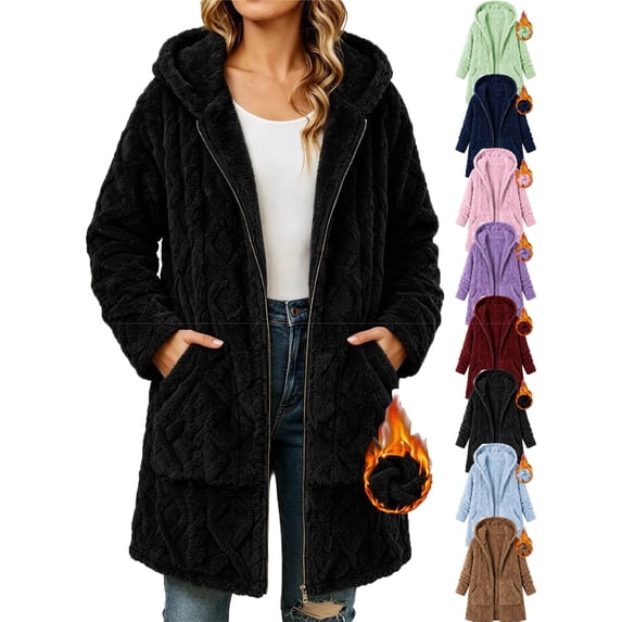 Winter Coats for Women Long Plush Hooded Soft Fleece Zip-Up Jacket with Pockets,Warm Winter Outerwear for Casual Wear