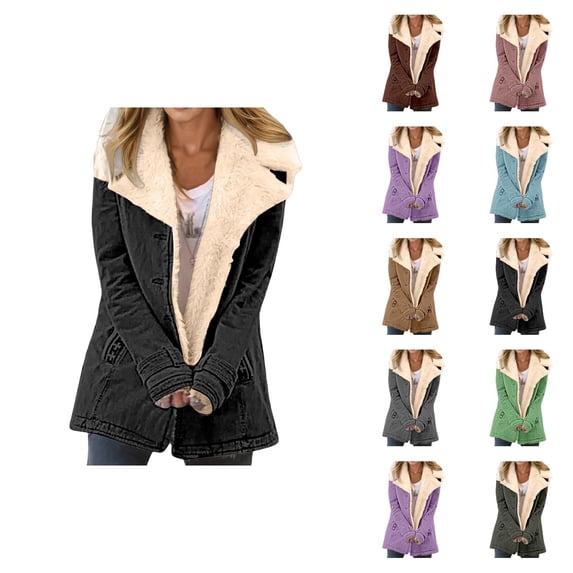 Women's Winter Coat Long Sleeve Suede Thick Warm Notch Collar Button Cardigan Coat with Pockets Outerwear