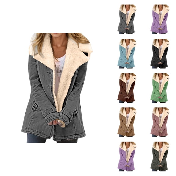 Winter Coats for Women Long Sleeve Thermal Suede Button Notch Collar Cardigan Jacket Outerwear with Pockets