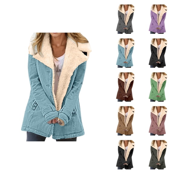 Winter Coats for Women Long Sleeve Thermal Suede Button Notch Collar Cardigan Jacket Outerwear with Pockets
