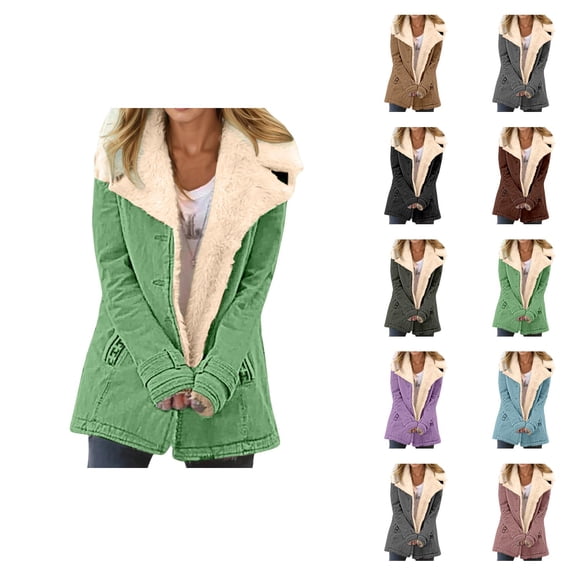 Winter Coats for Women Long Sleeve Thick Warm Suede Button Notch Collar Cardigan Jacket Outerwear with Pockets