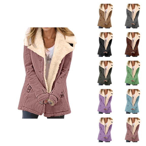 Winter Coats for Women Long Sleeve Thick Warm Suede Button Notch Collar Cardigan Jacket Outerwear with Pockets