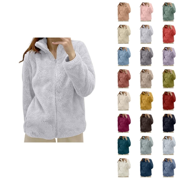 Winter Coats for Women Long Sleeve Warm Fleece Plain Stand Collar Zip Up Jacket Casual Cardigan Outerwear
