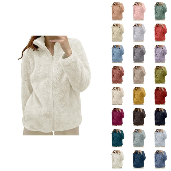 Winter Coats for Women Long Sleeve Warm Fleece Plain Stand Collar Zip Up Jacket Casual Cardigan Outerwear