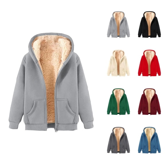 Winter Coats for Women Long Sleeve Warm Plain Fleece Lined Zip Up Hooded Jacket with Pockets Hoodie Outerwear