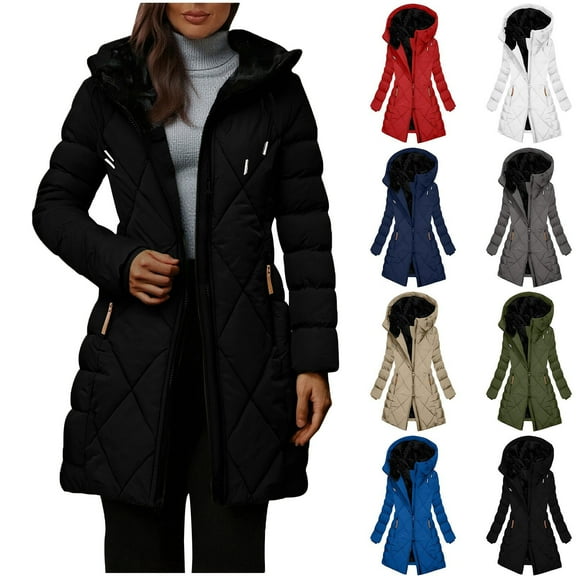 Winter Coats for Women Long Womens Hooded Puffer Jacket Lightweight Fleece Long-sleeved Fall And Winter Quilted Clothing Large Outwear Black XXXXL