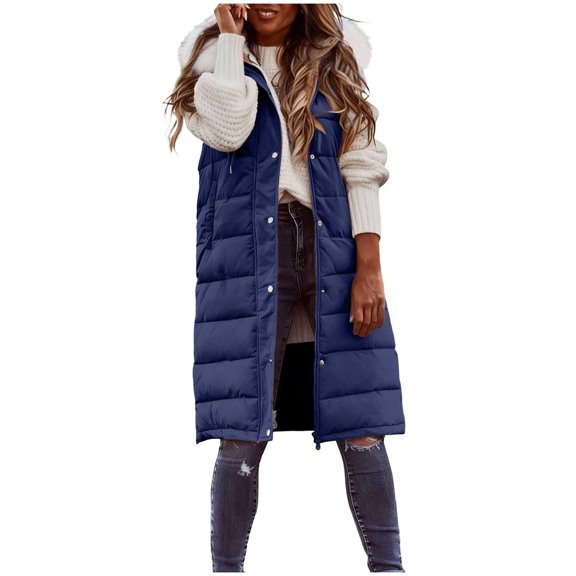 Winter Coats for Women Mid Length Hooded Quilted Vest Coat With Detachable Collar Button Slim Fit Outerwear Jacket Winter Jackets for Women