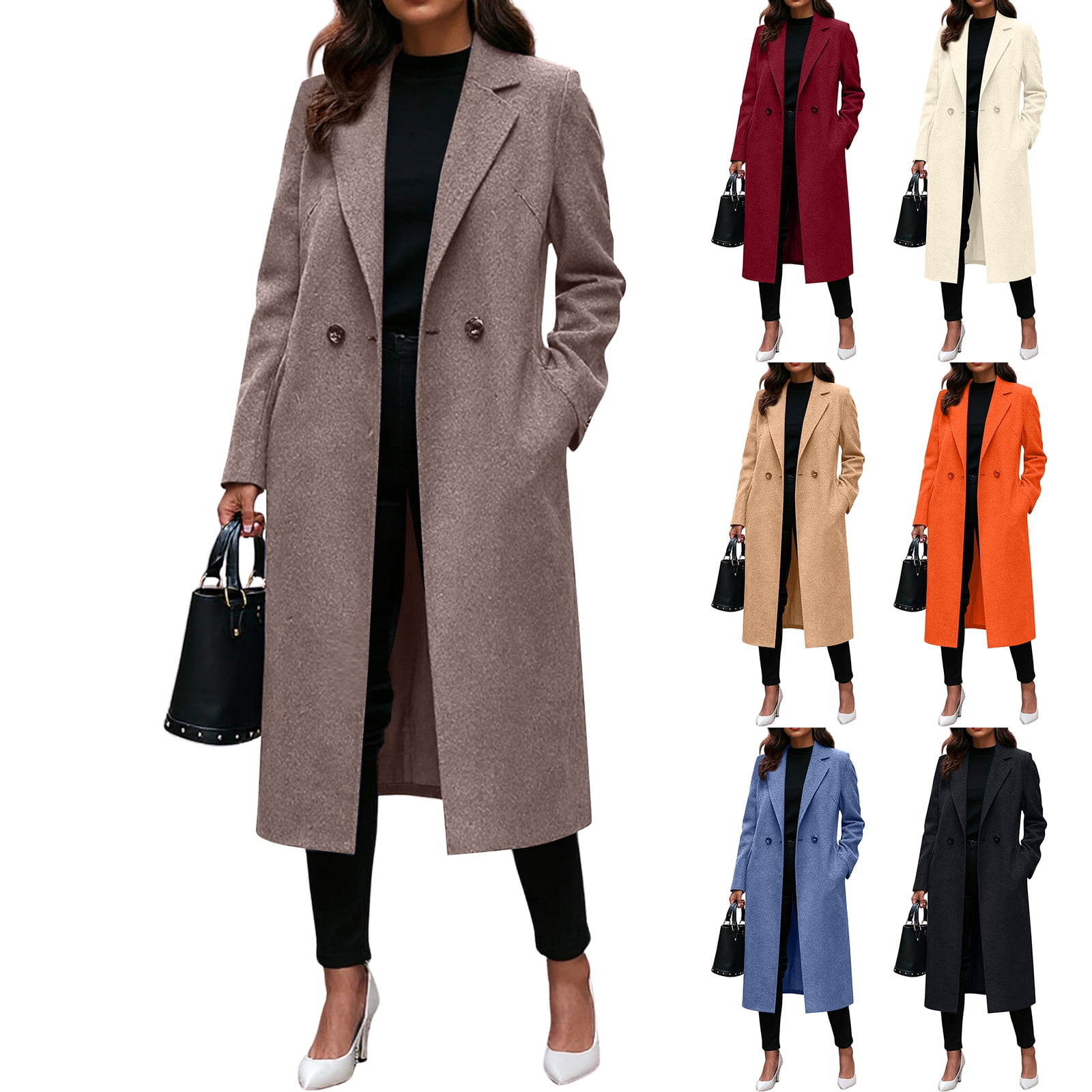 Winter Coats for Women,Notch Lapel Double Breasted Wool Blend Mid