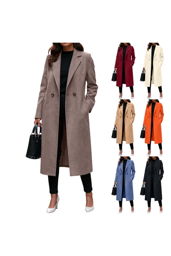 Winter Coats for Women,Notch Lapel Double Breasted Wool Blend Mid Long Pea Trench Coat Camel L