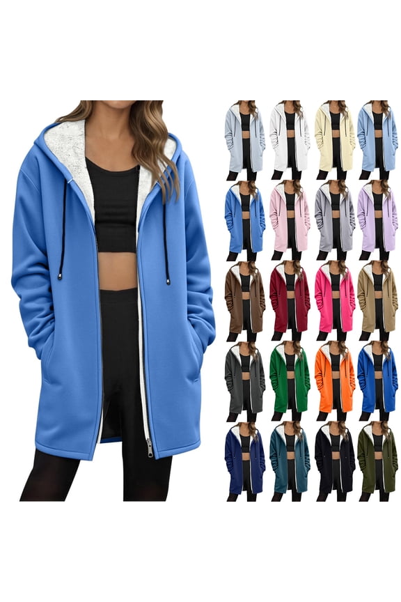 Winter Coats for Women Oversized Sherpa Lined Warm Long Zip Up Hoodies Casual Loose Cozy Solid Thick Fleece Jacket Navy S